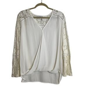 Landa by Dora Landa Womens Top L Ivory Lace Sleeve Blouse Faux Wrap Semi-Sheer